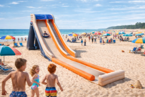 Enfants jouant près d’un toboggan gonflable sur la plage