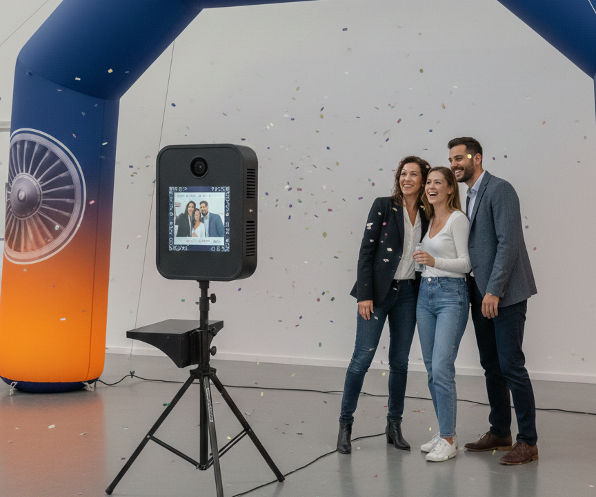 Trois personnes posent devant une borne photo.