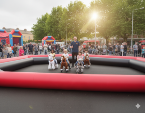 Enfants jouant sur chevaux jouets lors d’une fête.