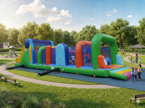 Enfants jouant sur un grand parcours gonflable coloré.