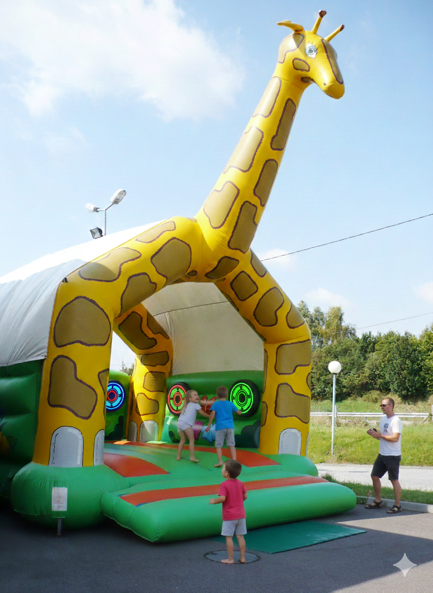 Enfants jouant sur un château gonflable girafe