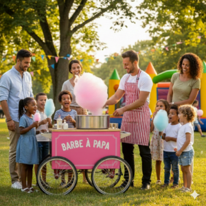 Familles profitant d’un stand de barbe à papa.