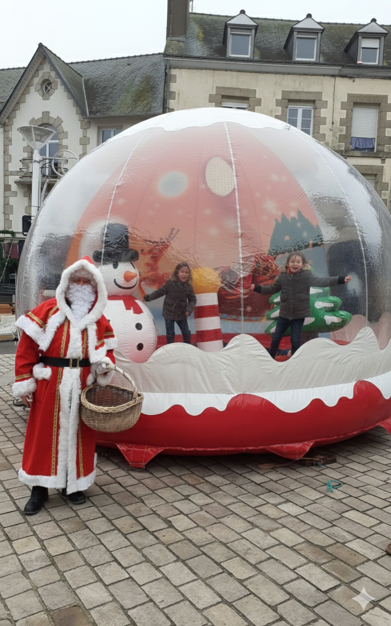 Père Noël devant une bulle de Noël géante.